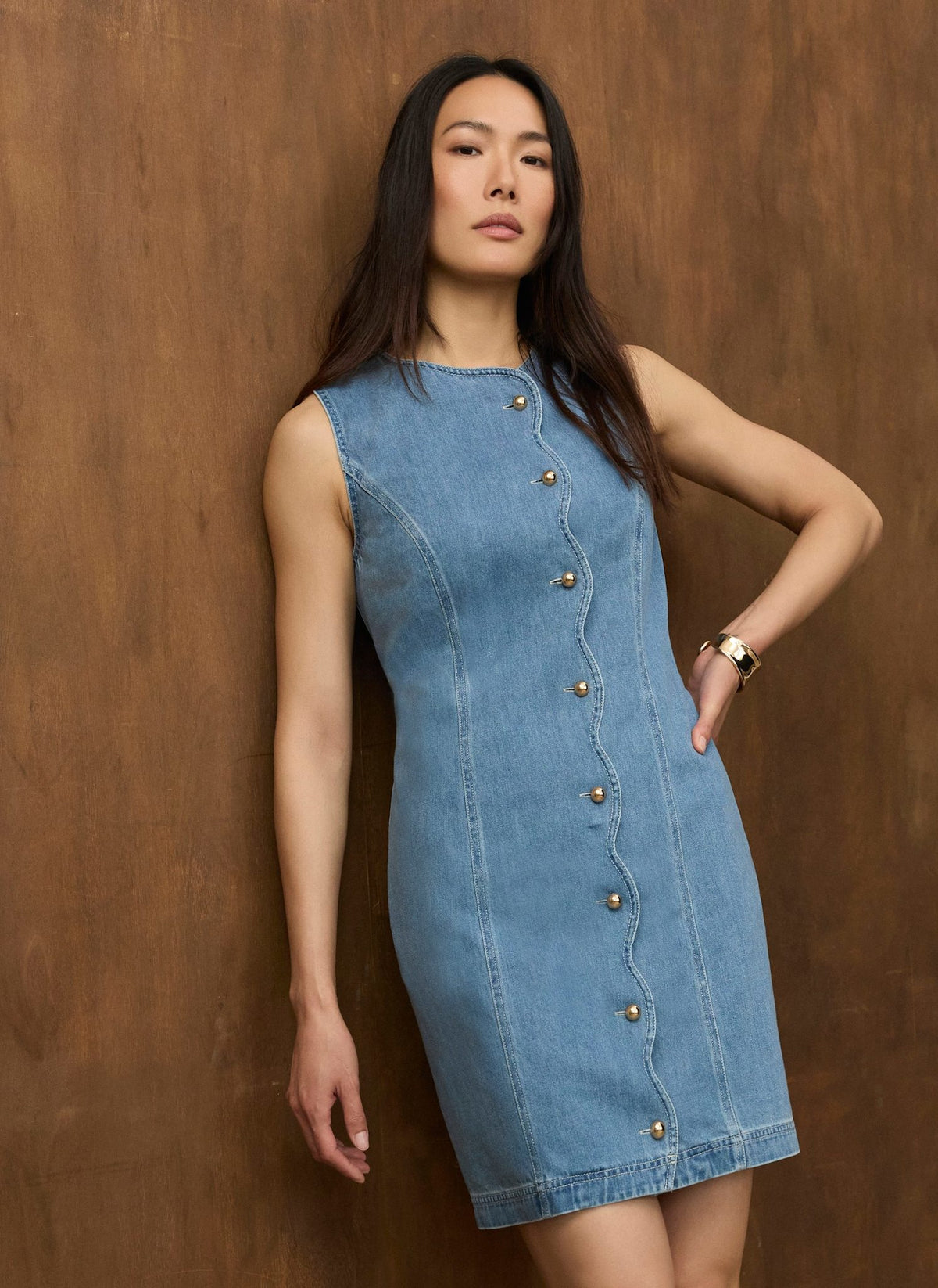 blue shift dress Mid Indigo Denim Scallop Mini Shift Dress – Mint Velvet
