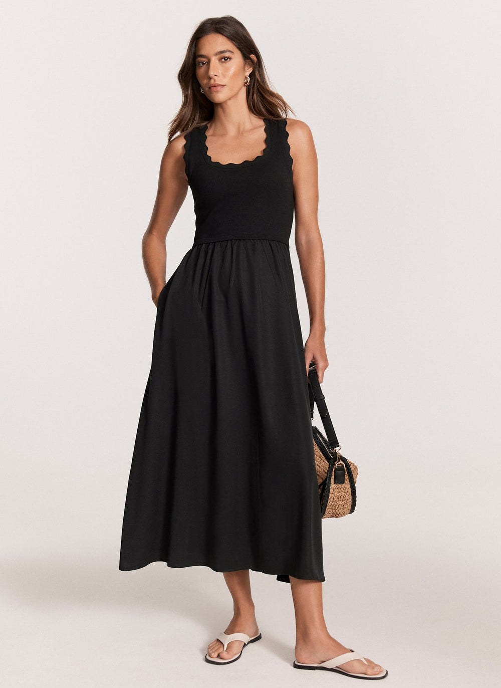 Black Scallop Trim Midi Dress