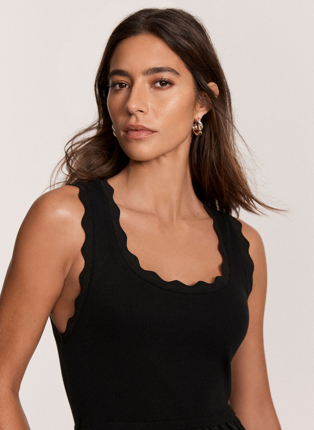 Black Scallop Trim Midi Dress