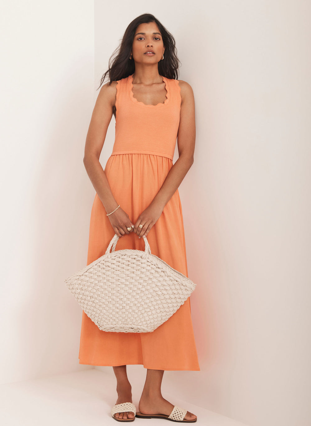 Orange Scallop Trim Midi Dress