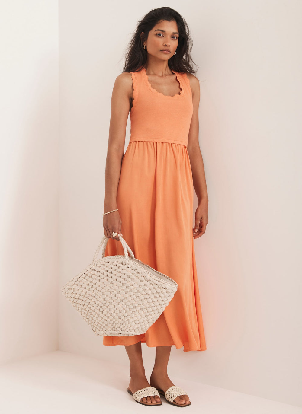 Orange Scallop Trim Midi Dress