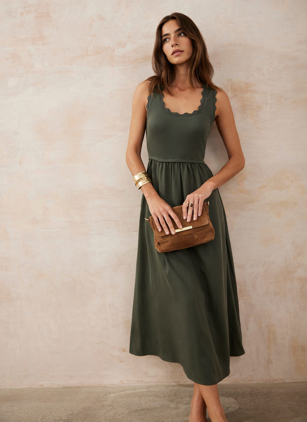 Khaki Scallop Trim Midi Dress