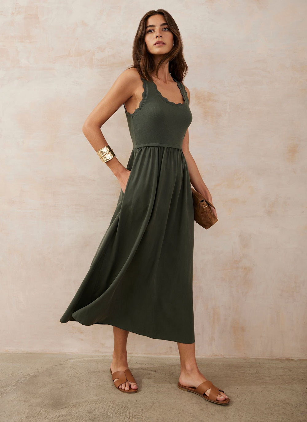 Khaki Scallop Trim Midi Dress