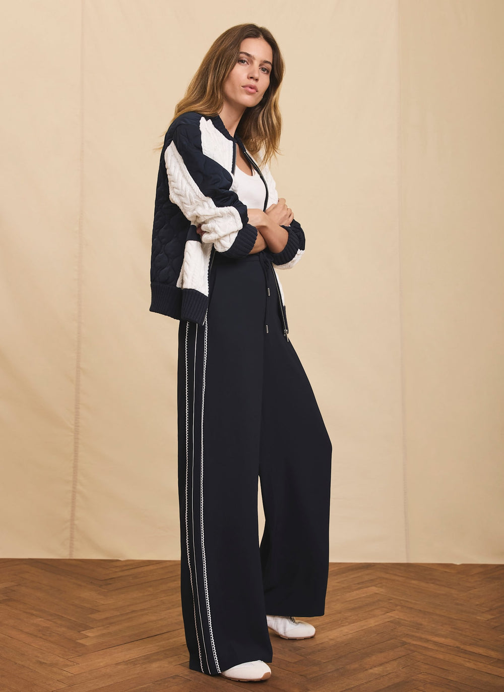 Navy Scallop Side Stripe Wide Trousers