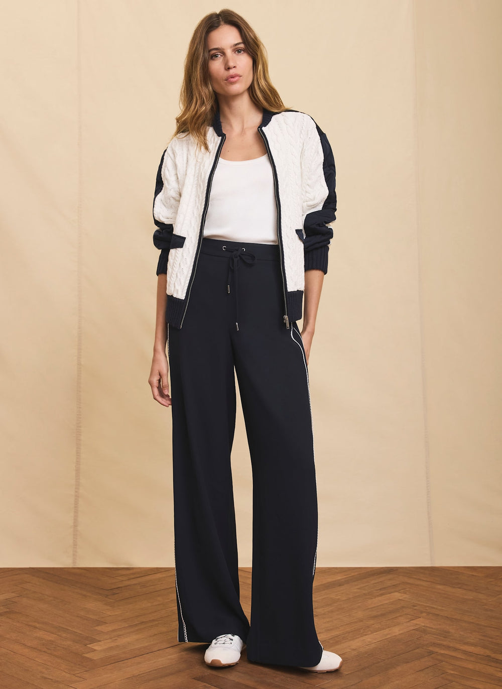 Navy Scallop Side Stripe Wide Trousers