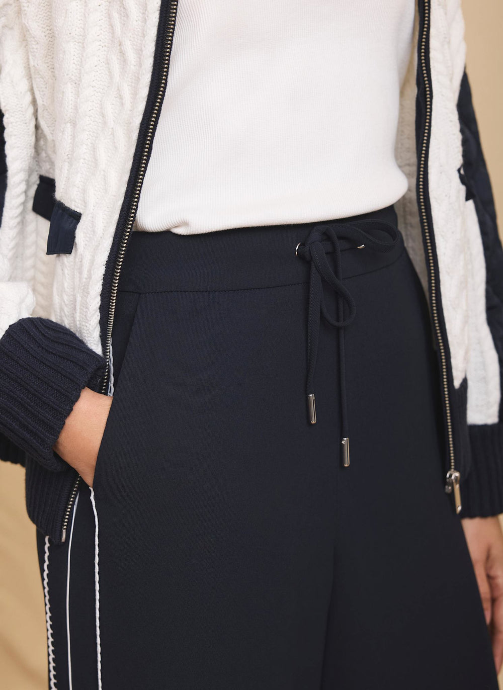 Navy Scallop Side Stripe Wide Trousers