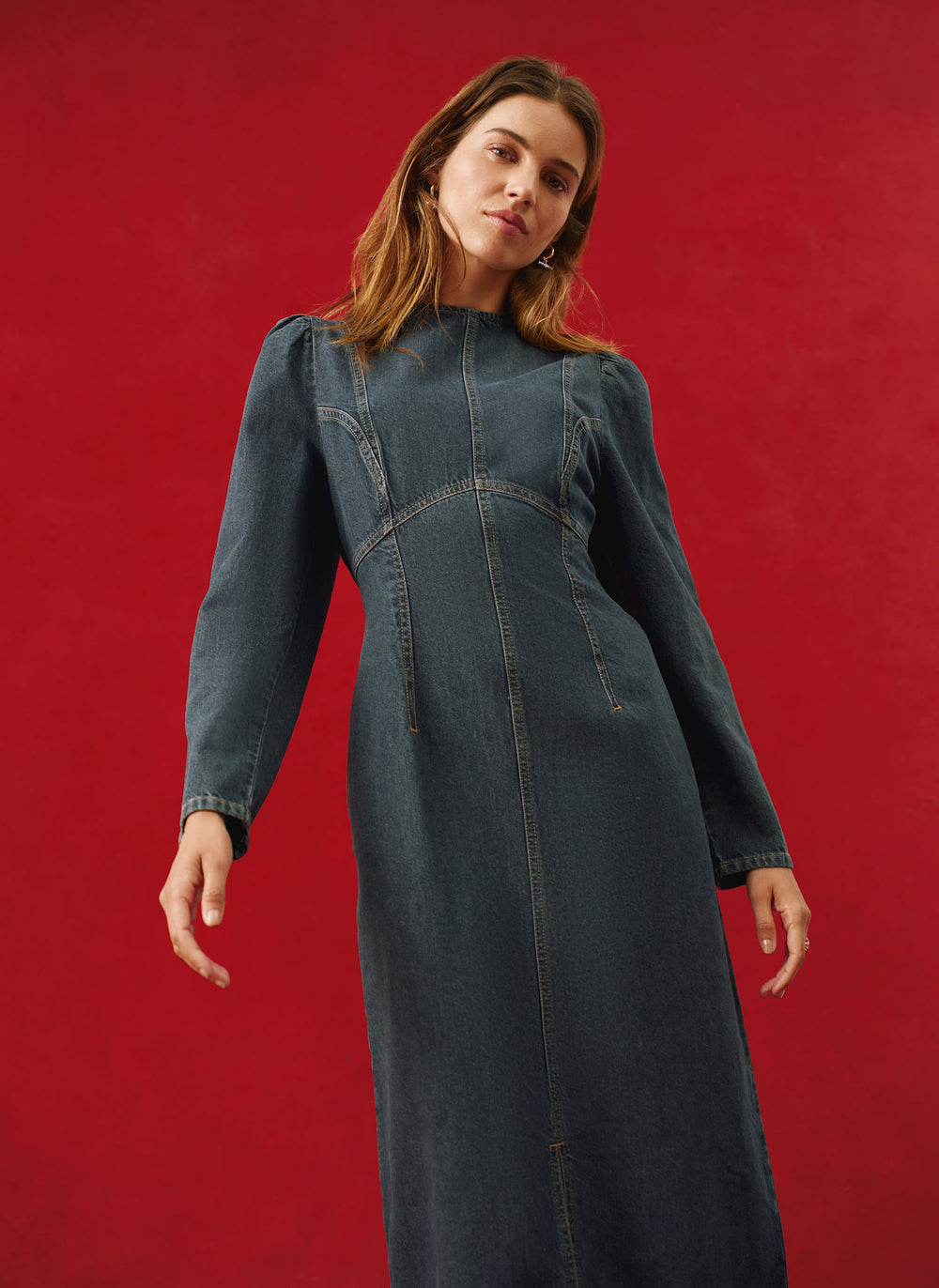 Dark Indigo Denim Puff Sleeve Midi Dress