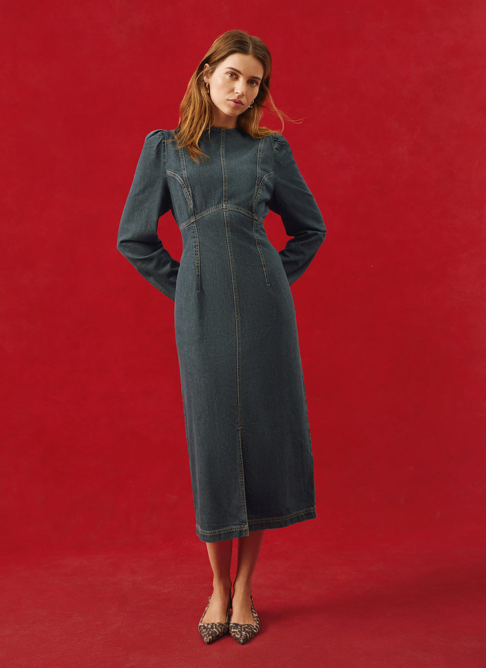 Dark Indigo Denim Puff Sleeve Midi Dress