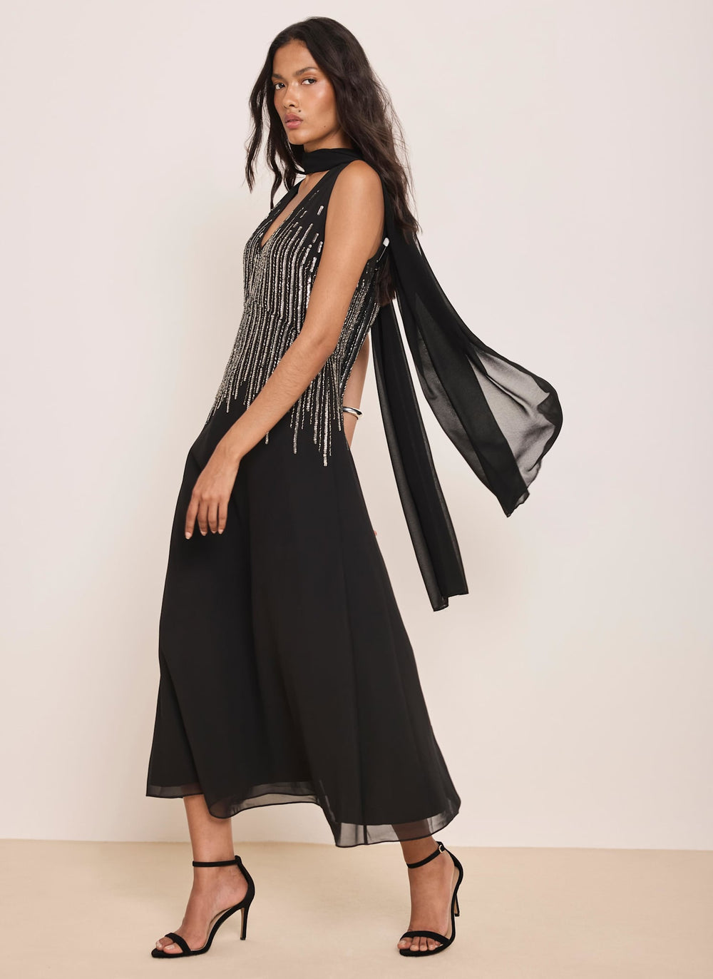 Black Sequin Cape Maxi Dress