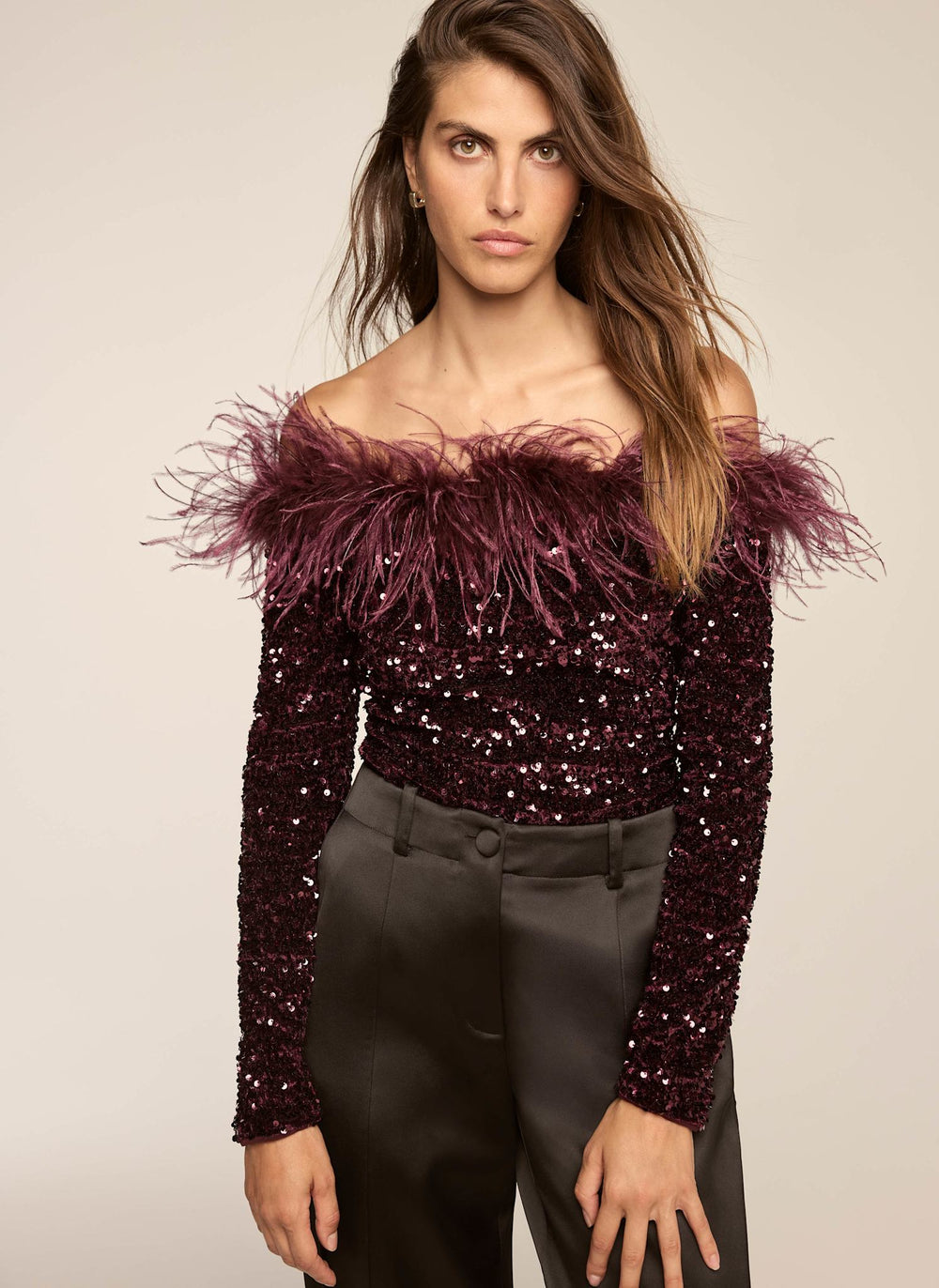 Burgundy Sequin Feather Trim Bardot Top