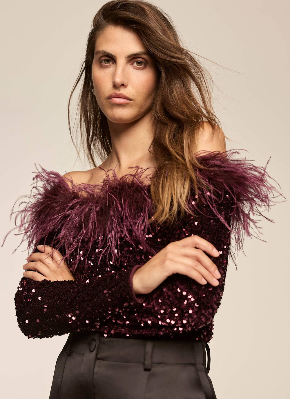 Burgundy Sequin Feather Trim Bardot Top
