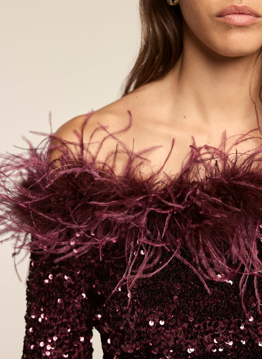 Burgundy Sequin Feather Trim Bardot Top