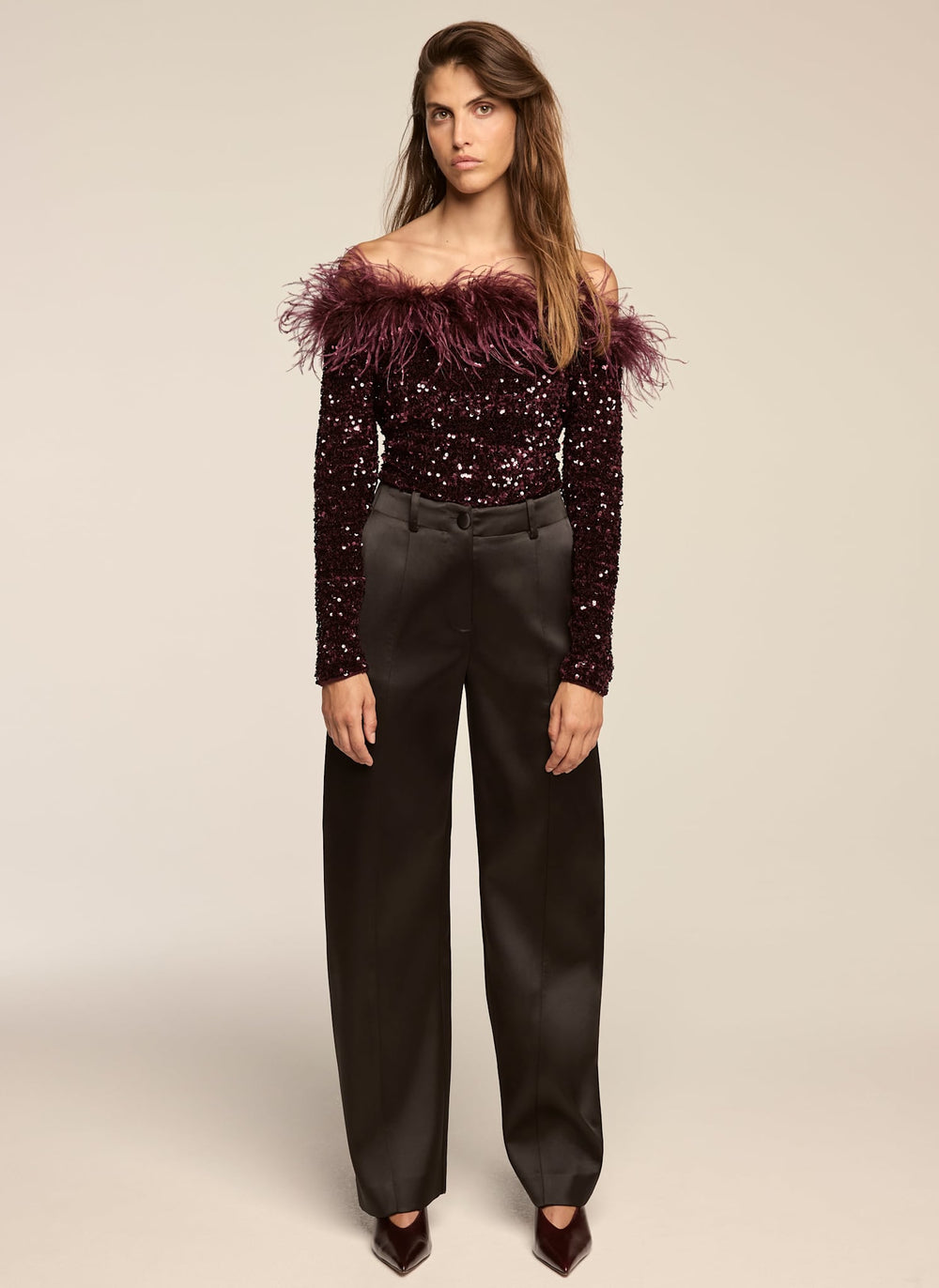 Burgundy Sequin Feather Trim Bardot Top
