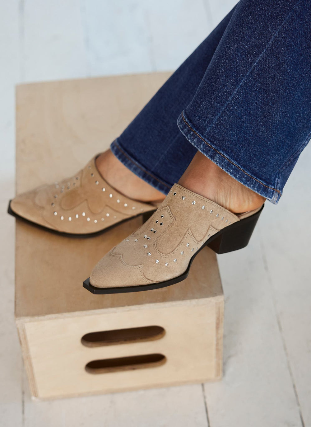 Serena Neutral Suede Western Mules