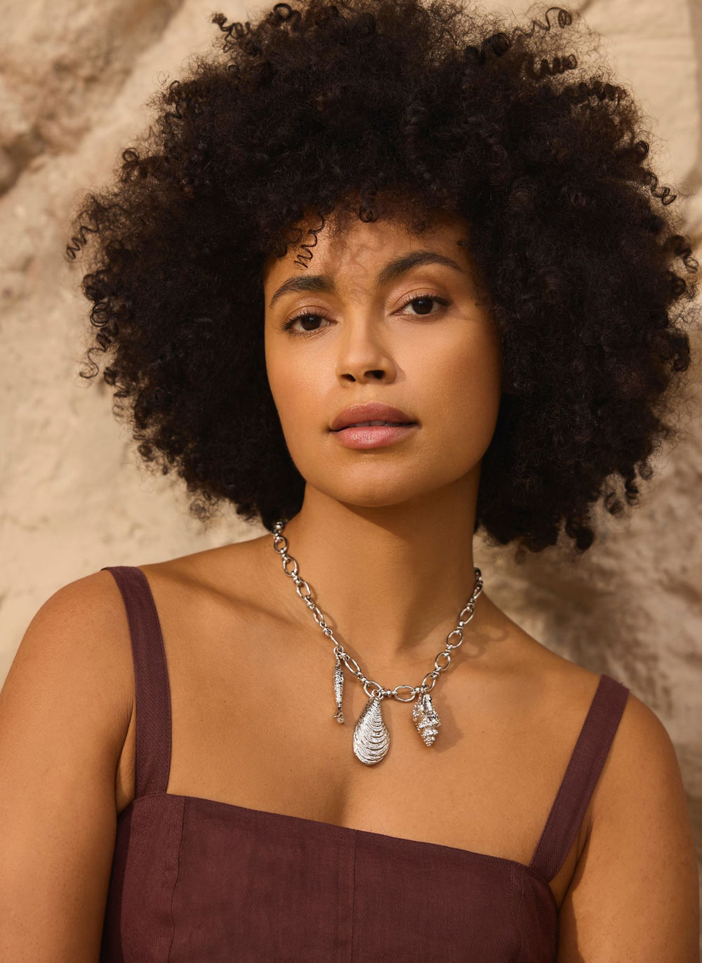 Silver Tone Shell Statement Charm Necklace