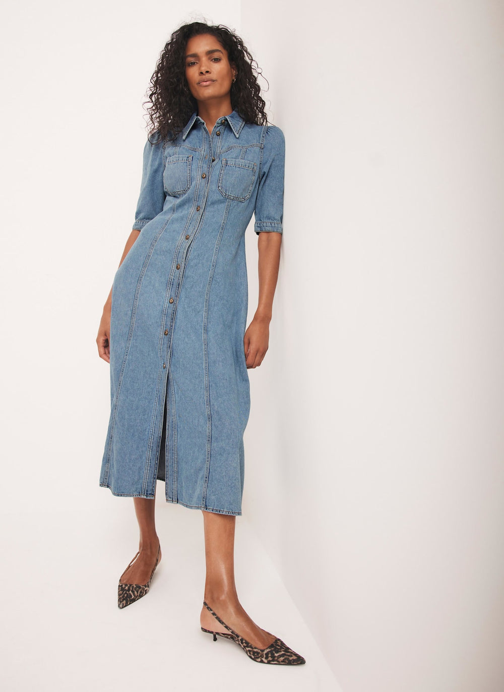 Blue Denim Midi Shirt Dress