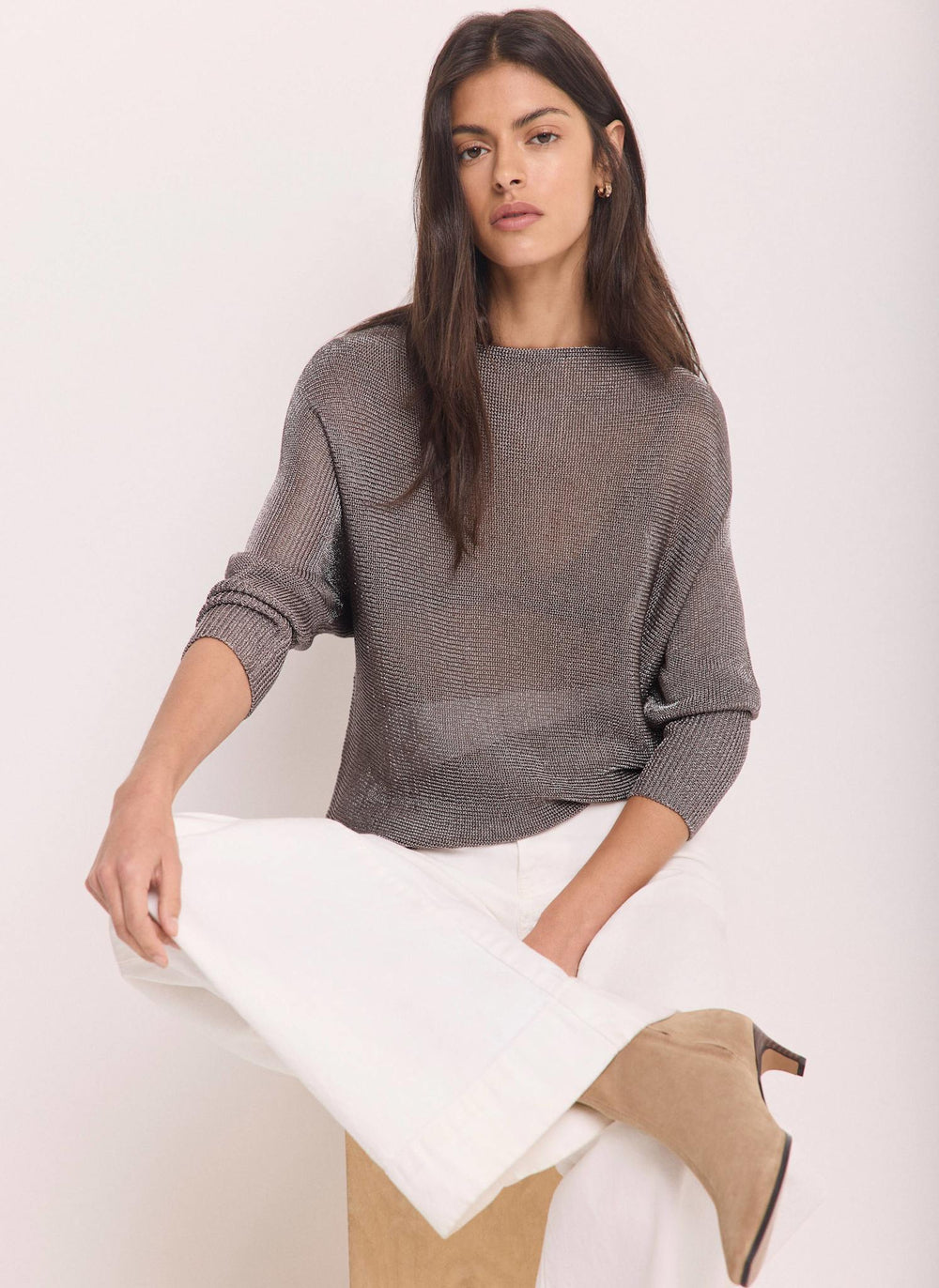 Grey Silver Metallic Knit Top