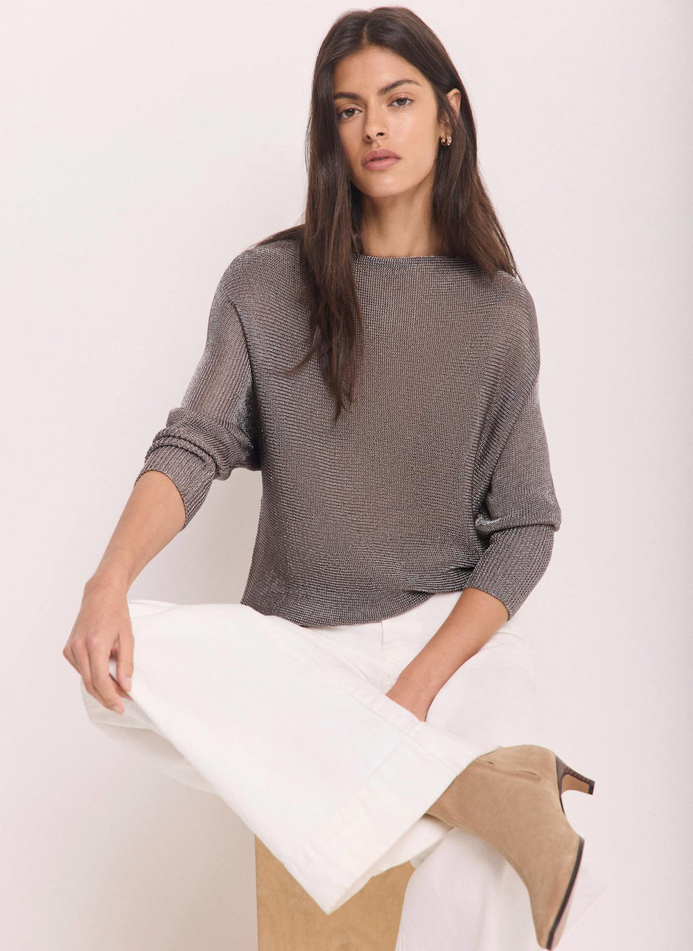 Grey Silver Metallic Knit Top
