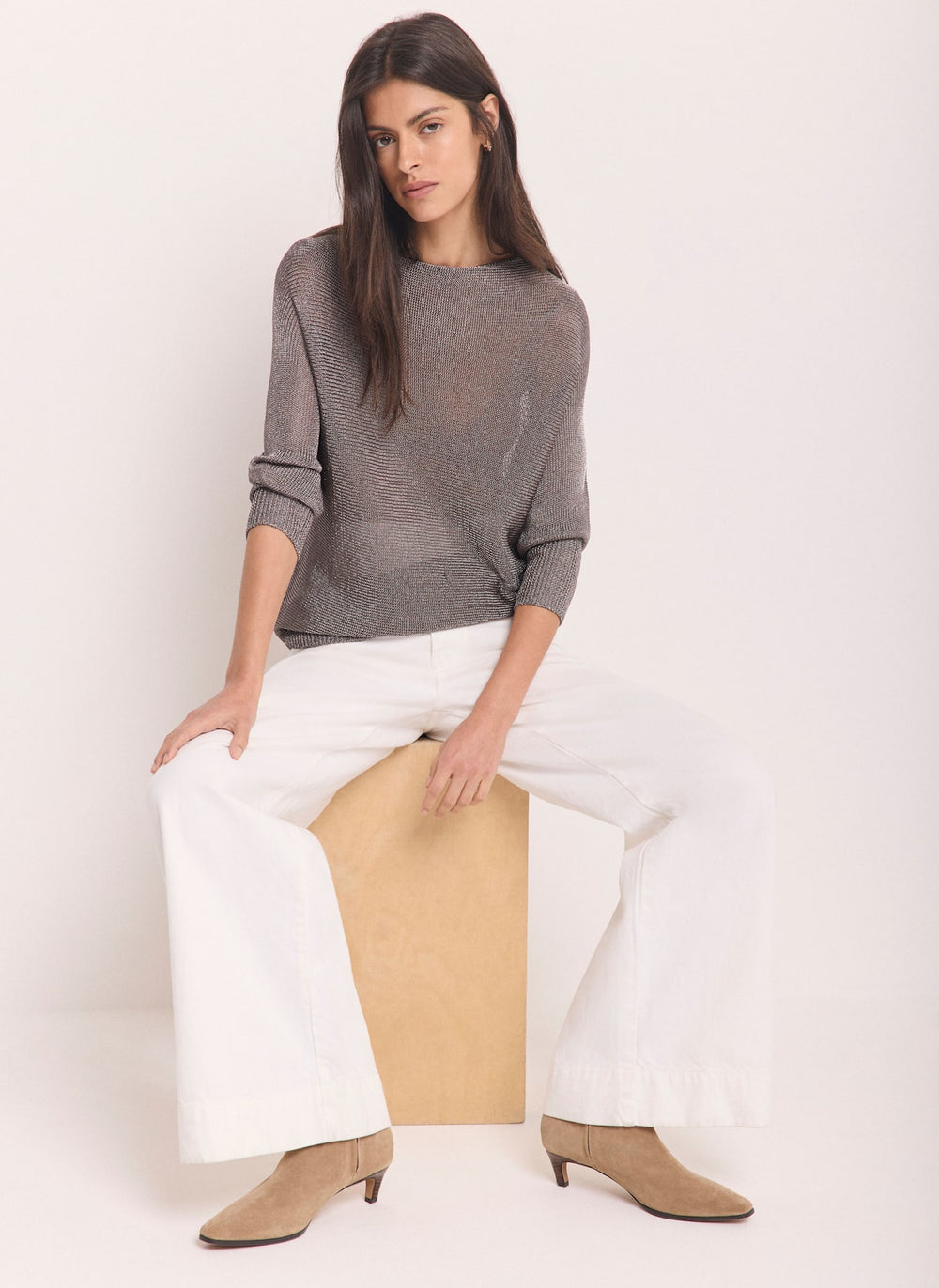 Grey Silver Metallic Knit Top