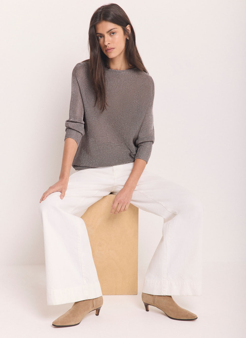 Grey Silver Metallic Knit Top