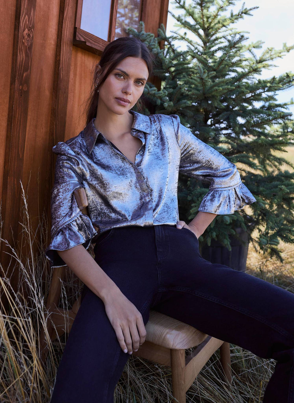 Silver Metallic Ruffle Detail Bubble Shirt
