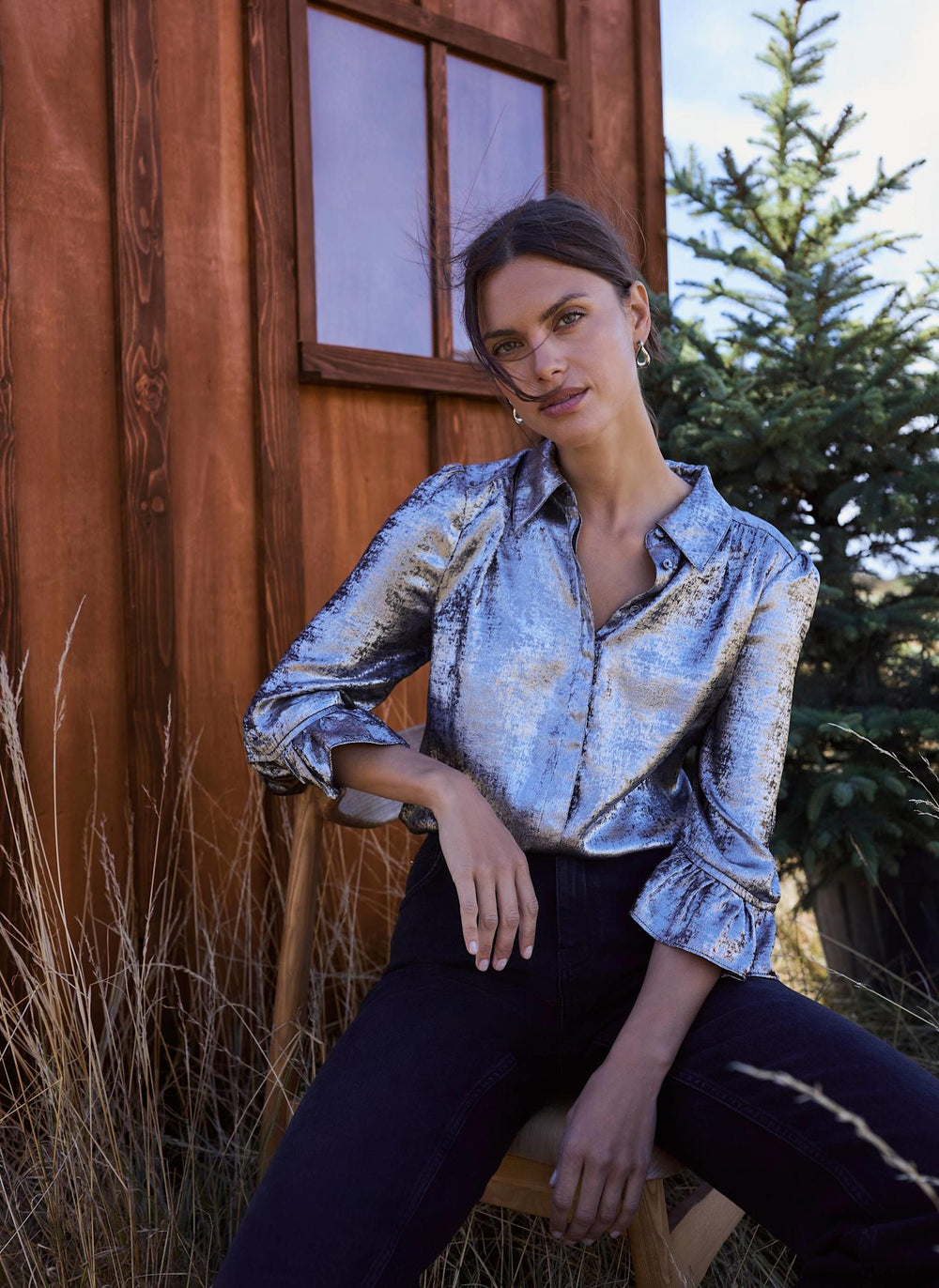 Silver Metallic Ruffle Detail Bubble Shirt