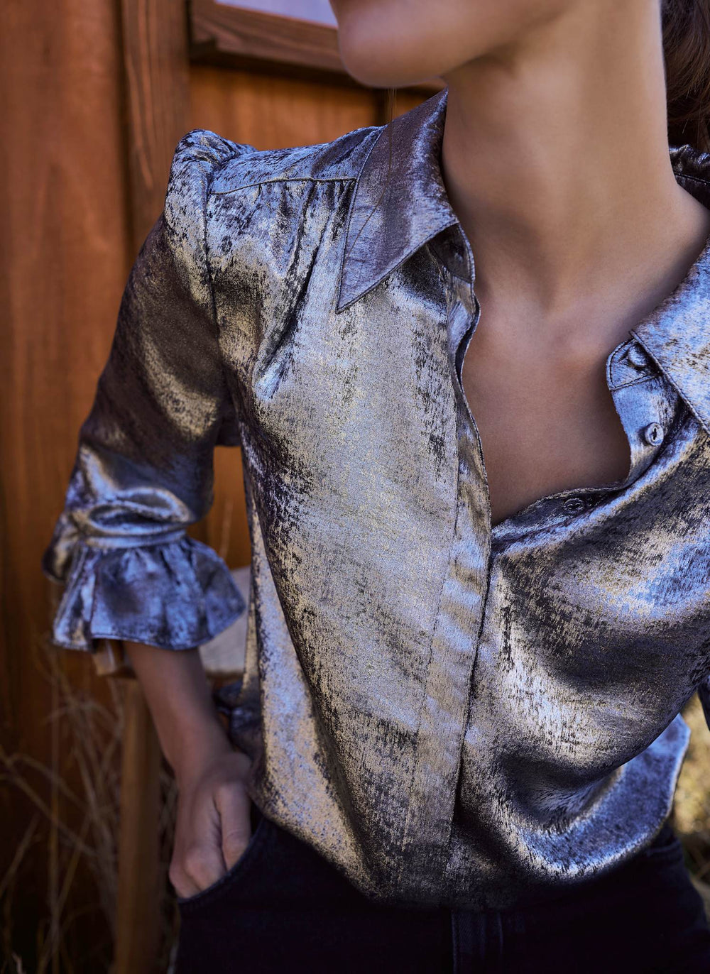 Silver Metallic Ruffle Detail Bubble Shirt