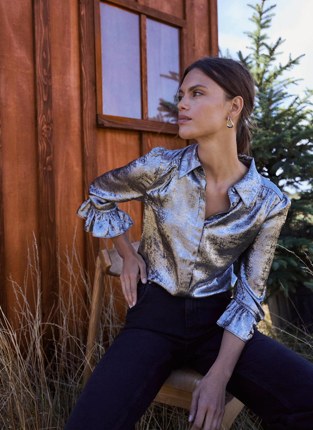 Silver Metallic Ruffle Detail Bubble Shirt