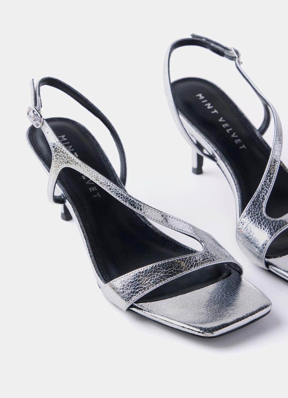 Silver Leather Strappy Kitten Heels