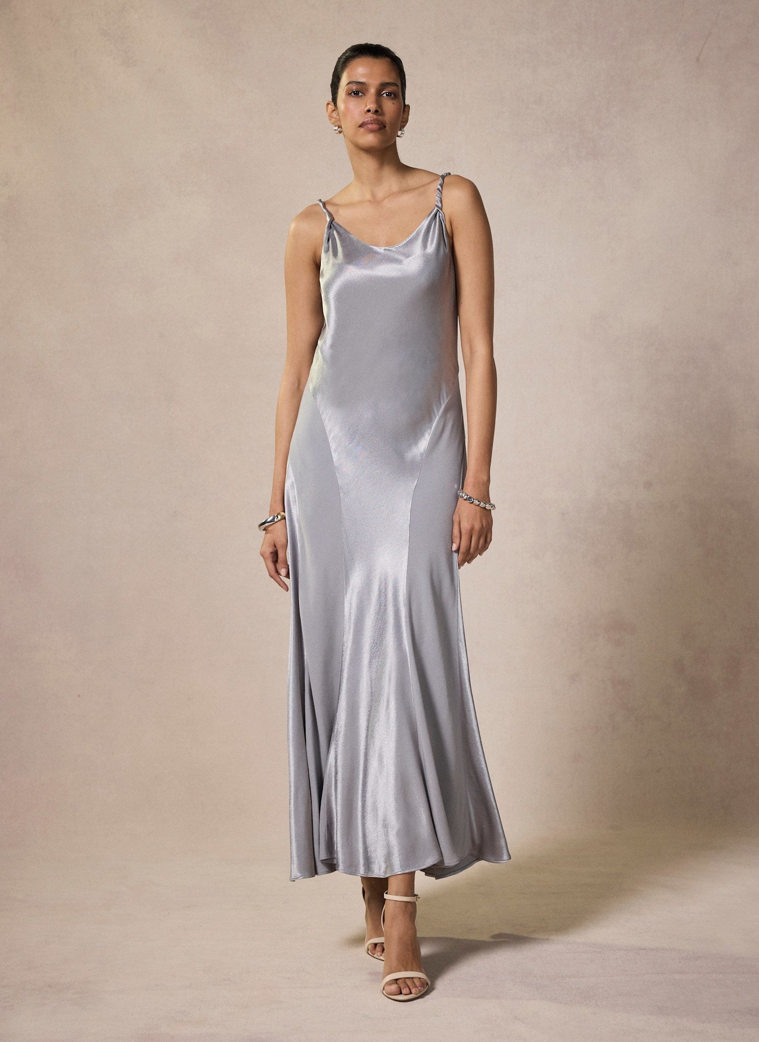 Mint Velvet Silver Metallic Satin Midi Slip Dress | Size 10 | Grey | Sleeveless