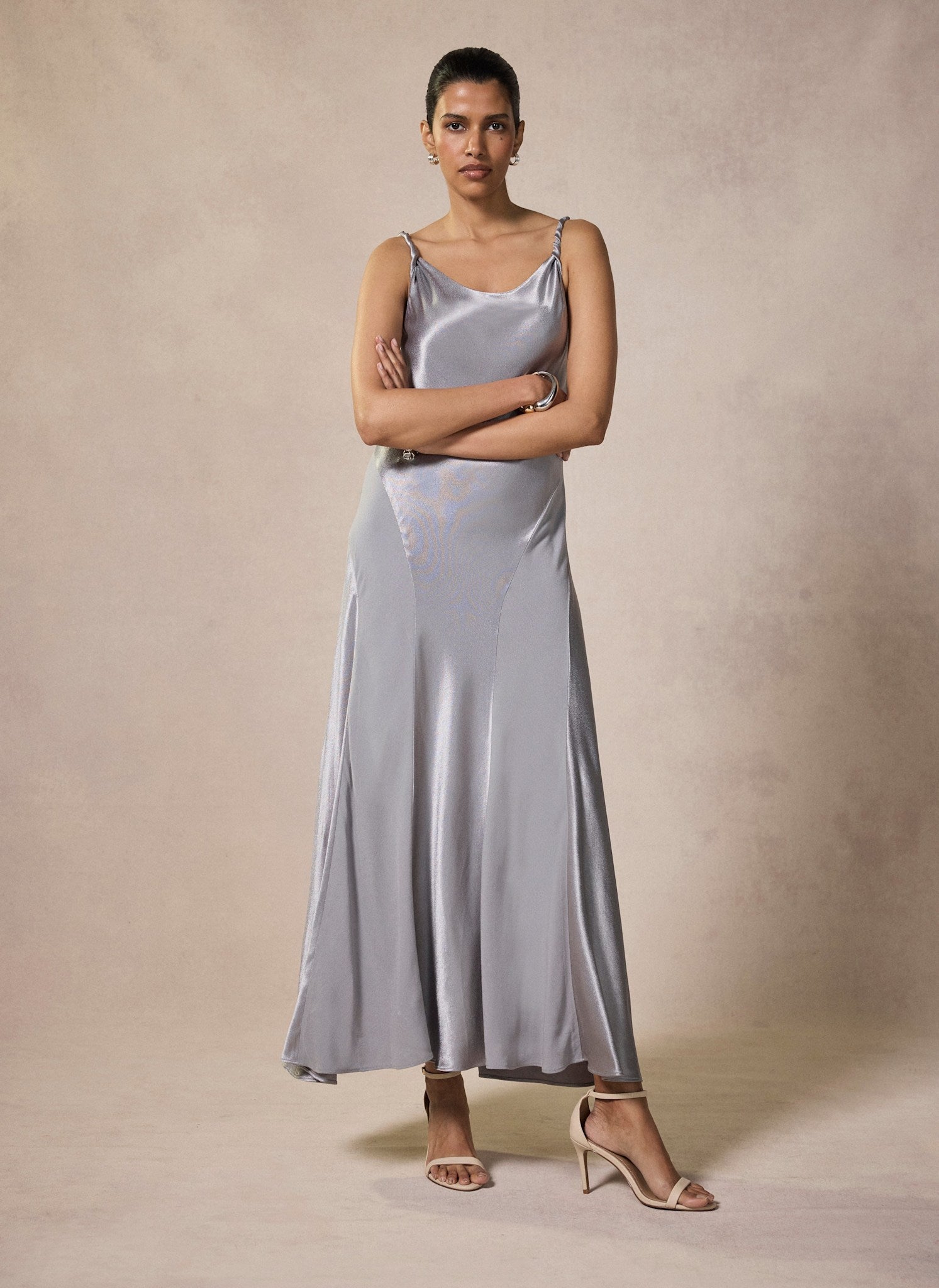 Silver Metallic Satin Midi Slip Dress – Mint Velvet