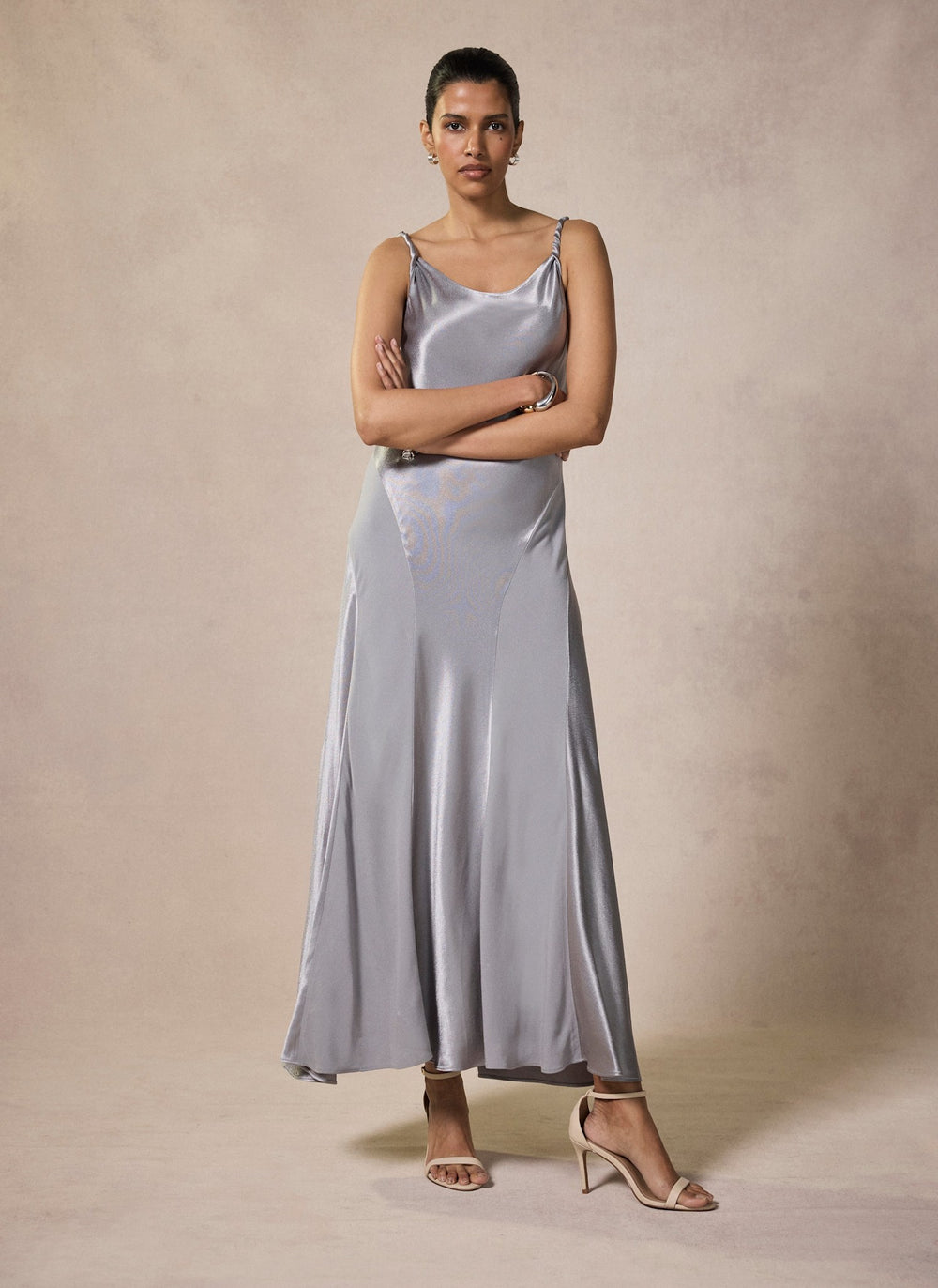 Silver Metallic Satin Maxi Slip Dress