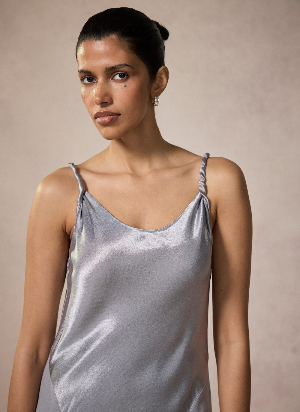 Mint Velvet Silver Metallic Satin Maxi Slip Dress | Size 10 | Grey | Sleeveless | Scoop Neck