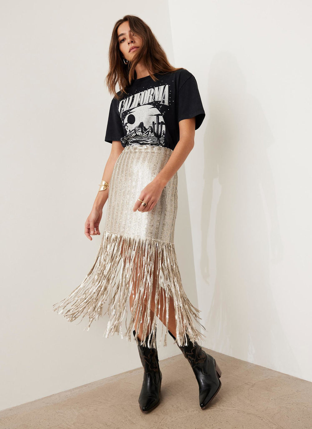 Silver Sequin Fringe Skirt
