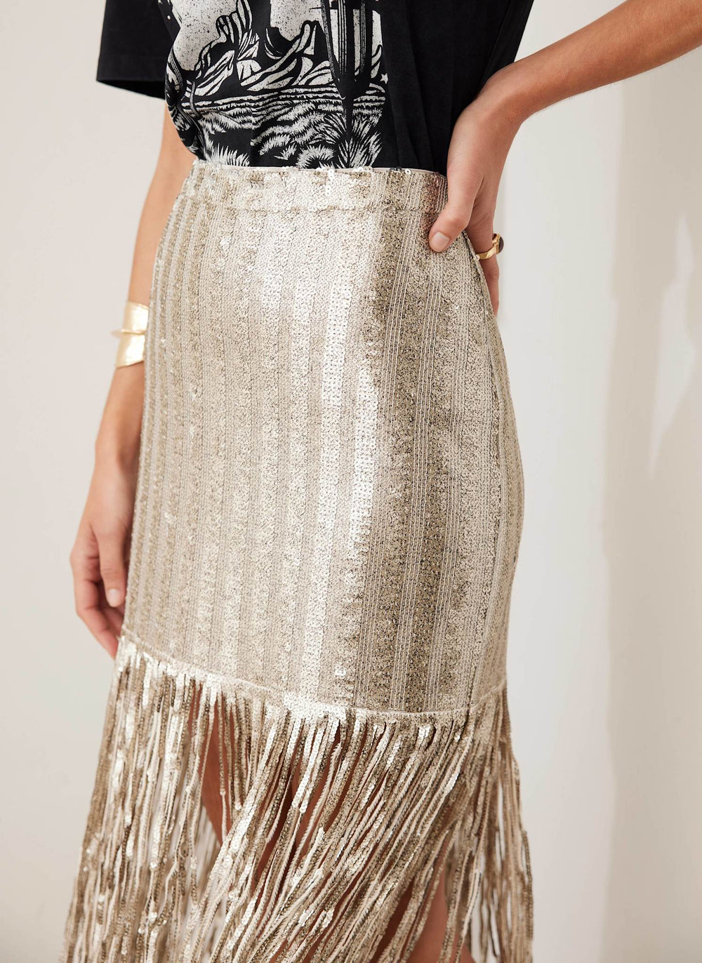 Silver Sequin Fringe Skirt