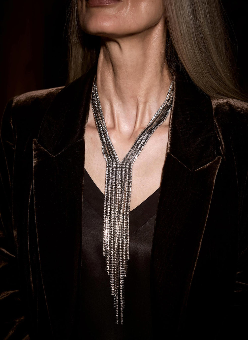 Silver Tone Crystal Fringe Necklace