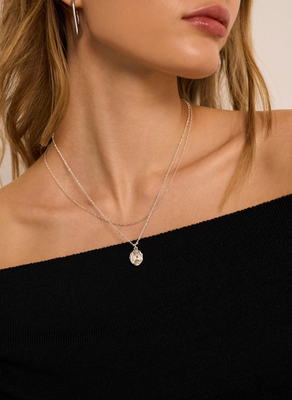 Silver Tone Layered Crystal Stone Necklace