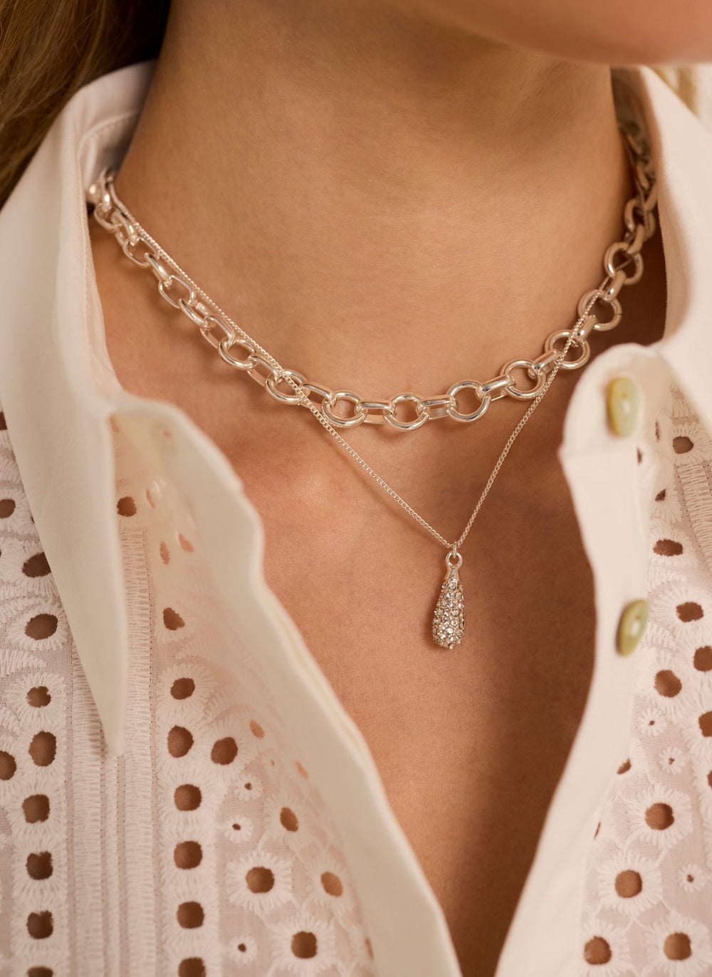 Silver Tone Pave Drop Layered Necklace