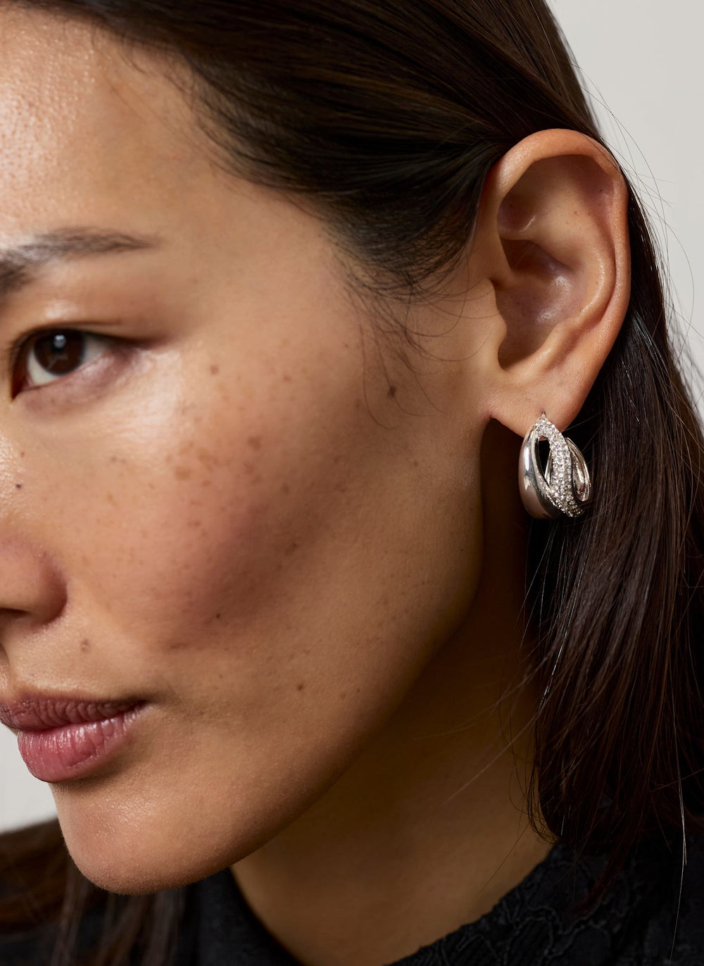 Silver Tone Pave Wave Hoop Earrings