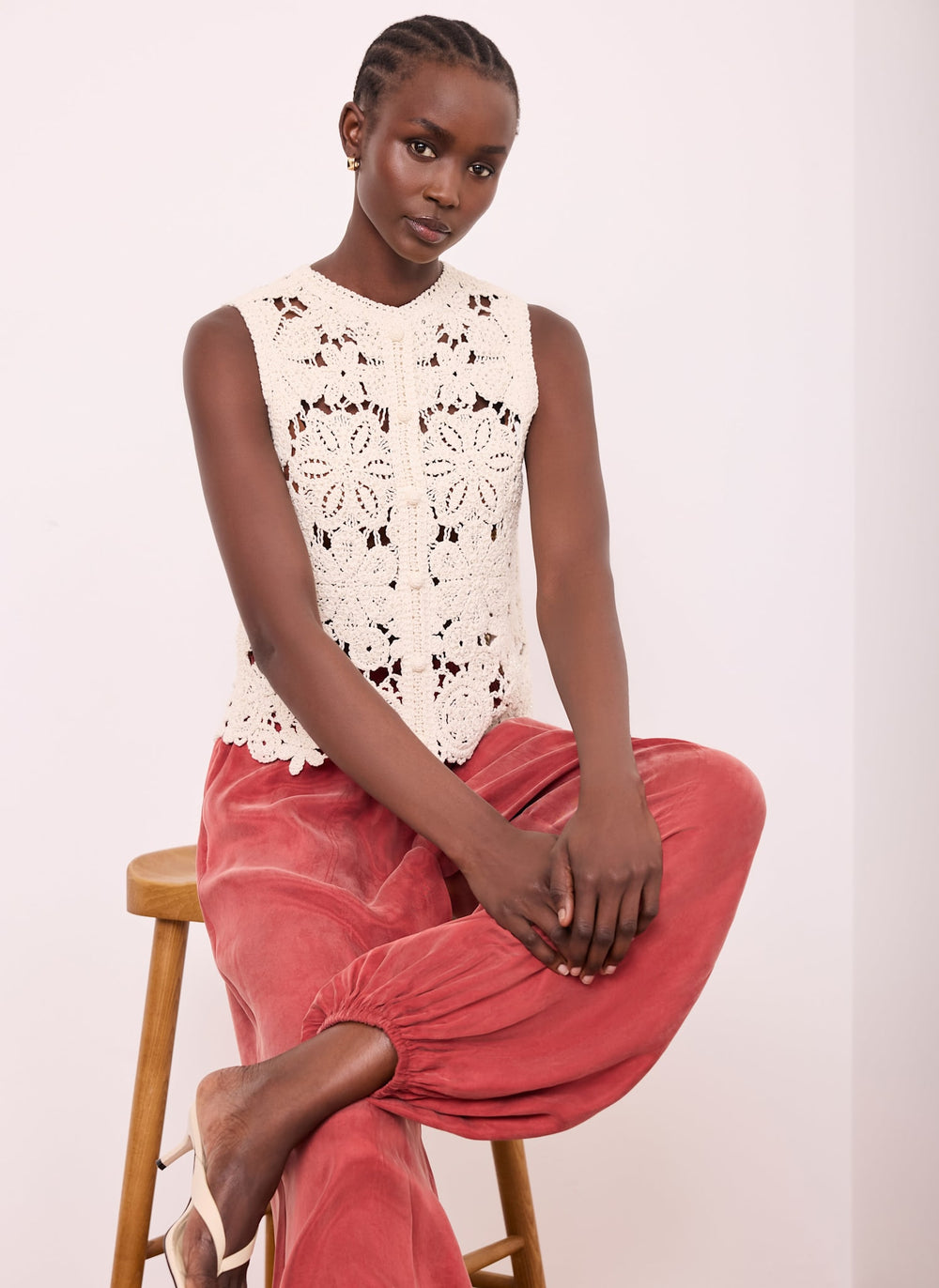 Neutral Cotton Blend Embellished Crochet Waistcoat