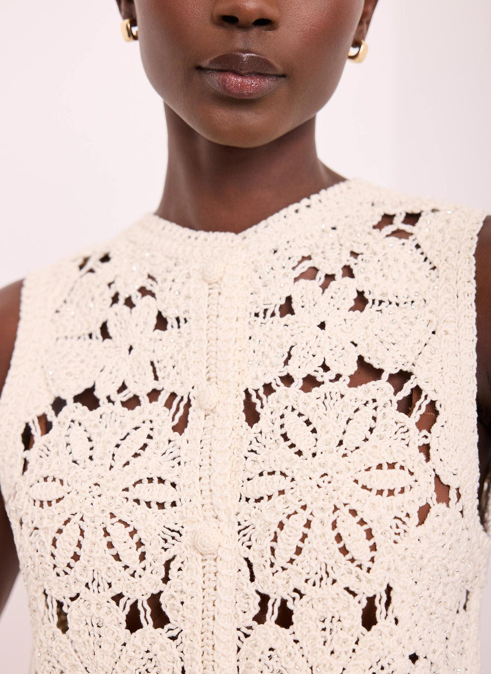 Neutral Cotton Blend Embellished Crochet Waistcoat