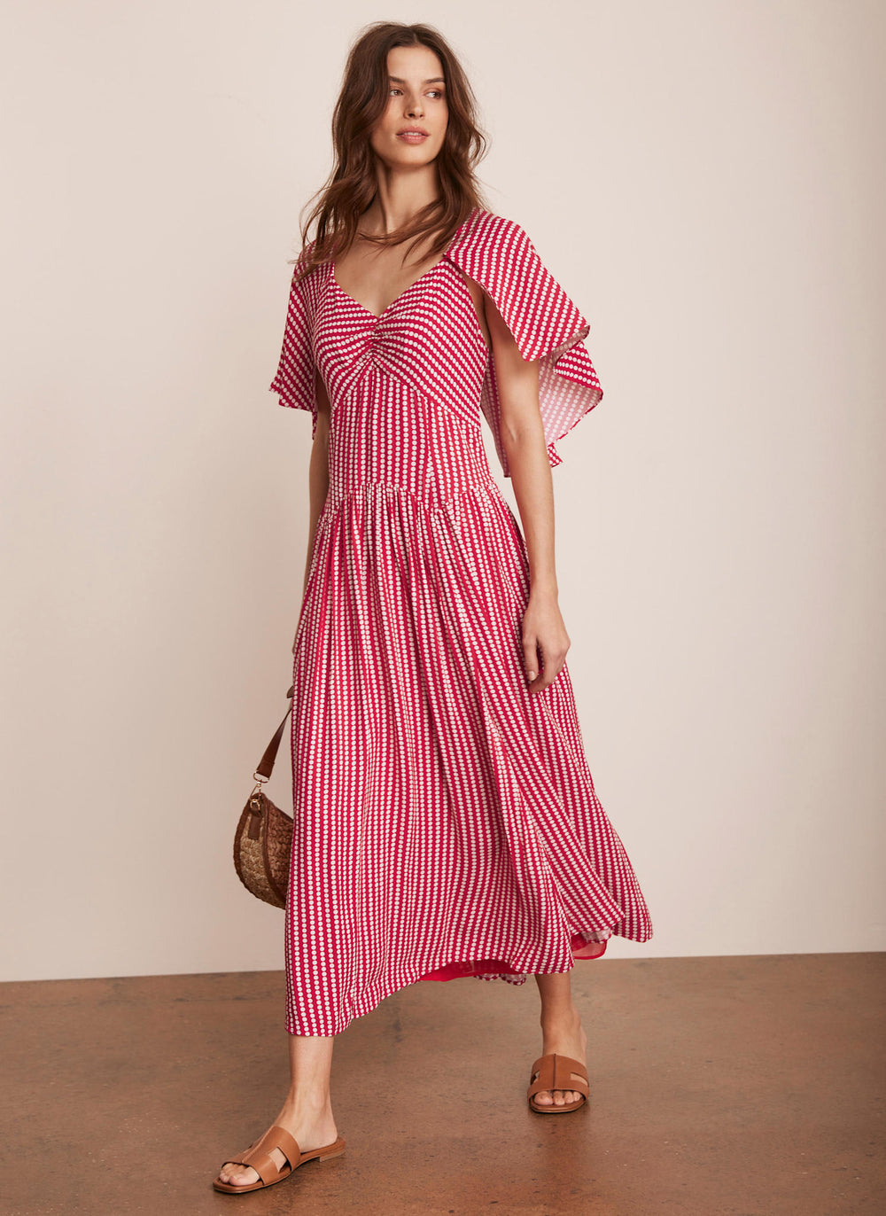 Red Polka Dot Cape Sleeve Midi Dress