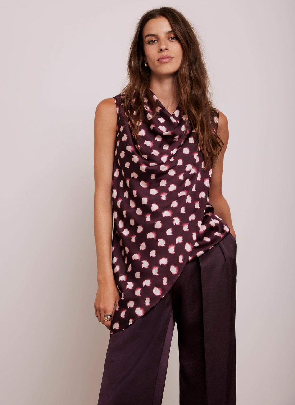 Burgundy Graphic Print Cowl Neck Top