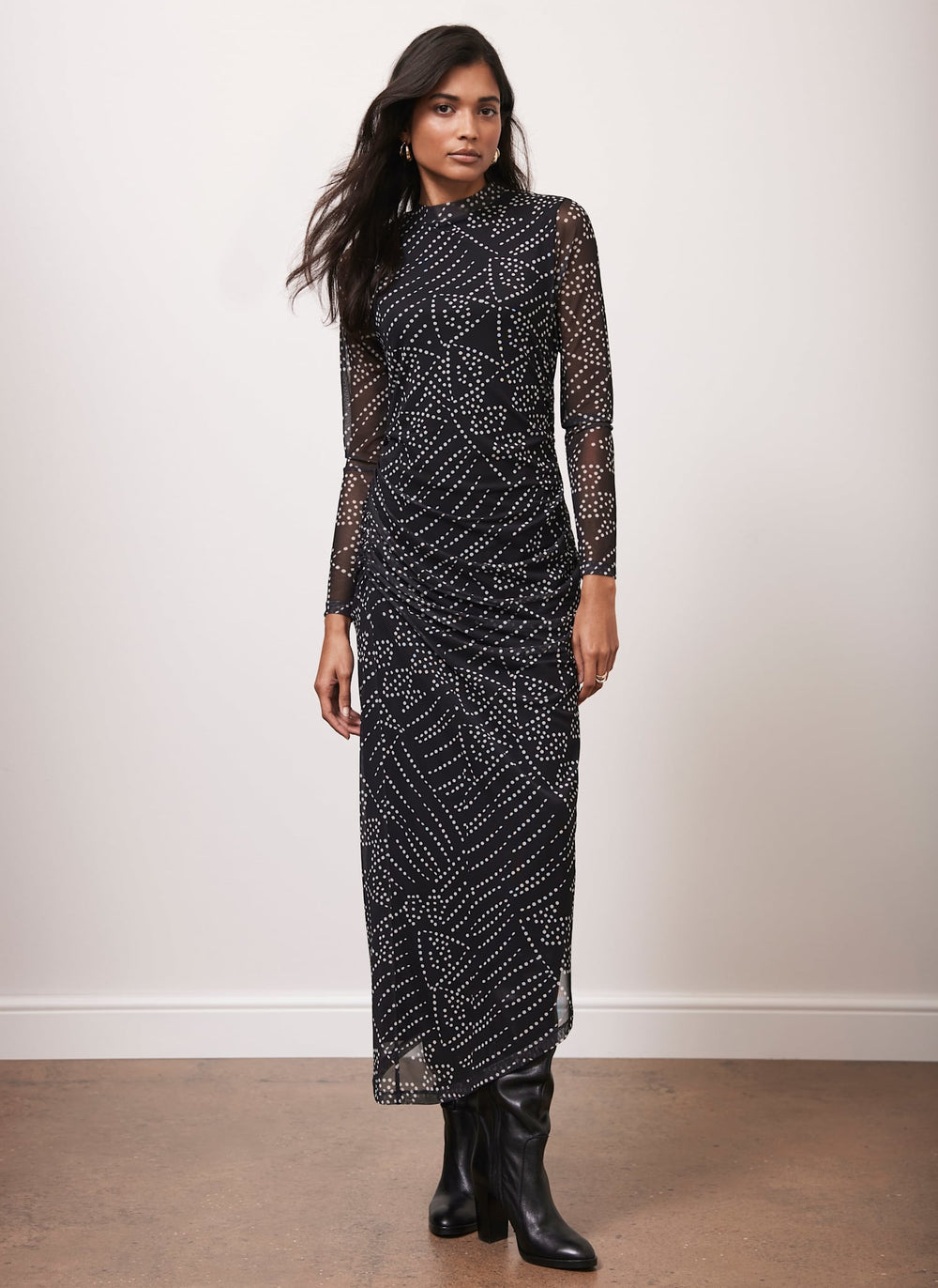 Black Spot Print Mesh Midi Dress
