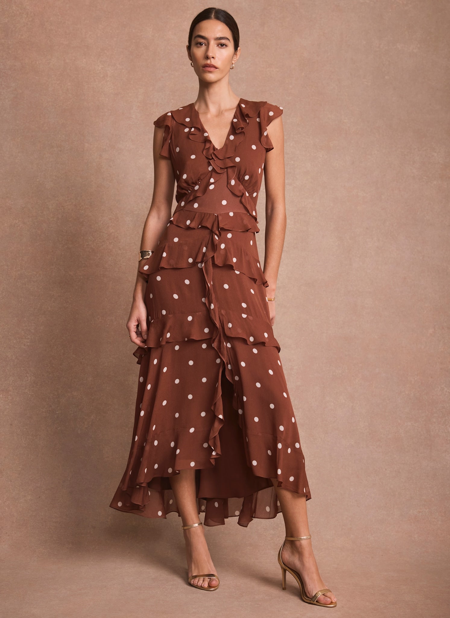 Brown Polka Dot Print Ruffle Midi Dress – Mint Velvet