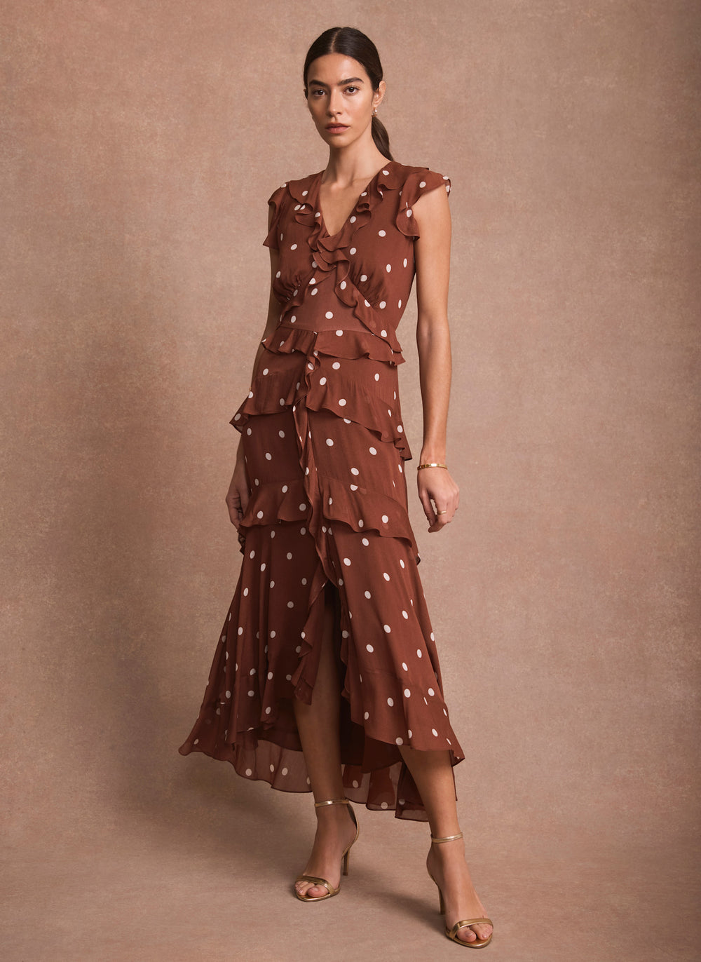 Brown Polka Dot Print Ruffle Midi Dress