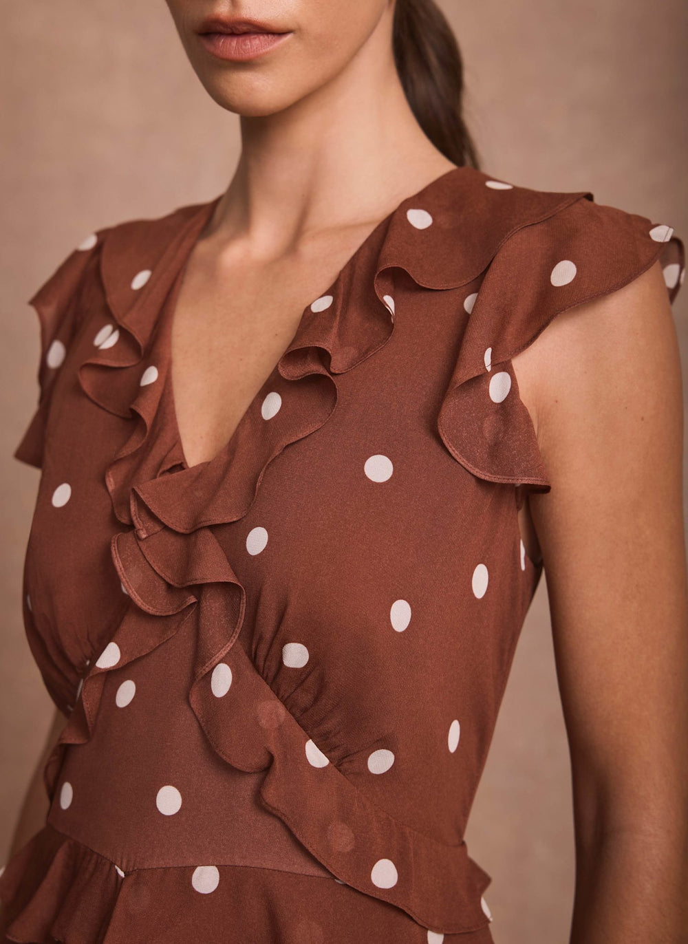 Brown Polka Dot Print Ruffle Midi Dress
