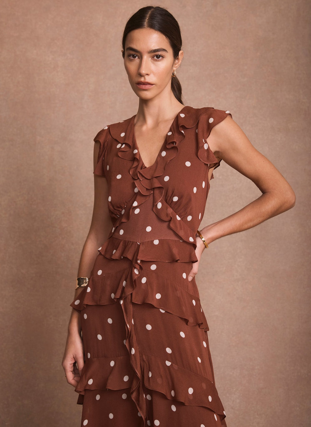 Brown Polka Dot Print Ruffle Midi Dress  Mint Velvet