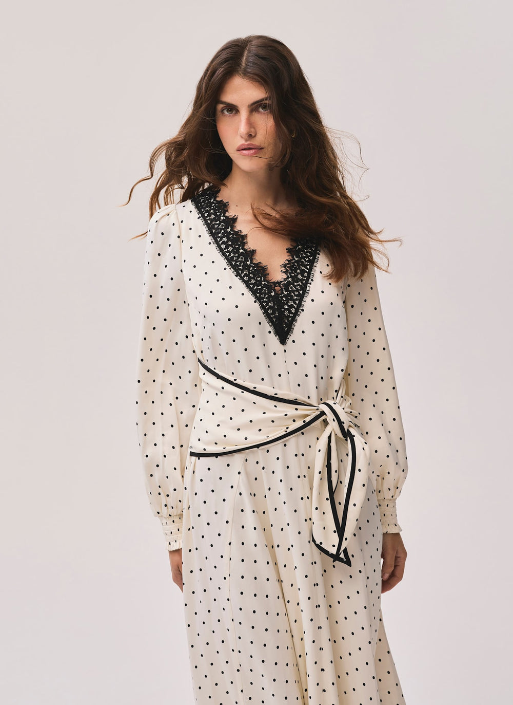 Cream Polka Dot Tie Maxi Dress