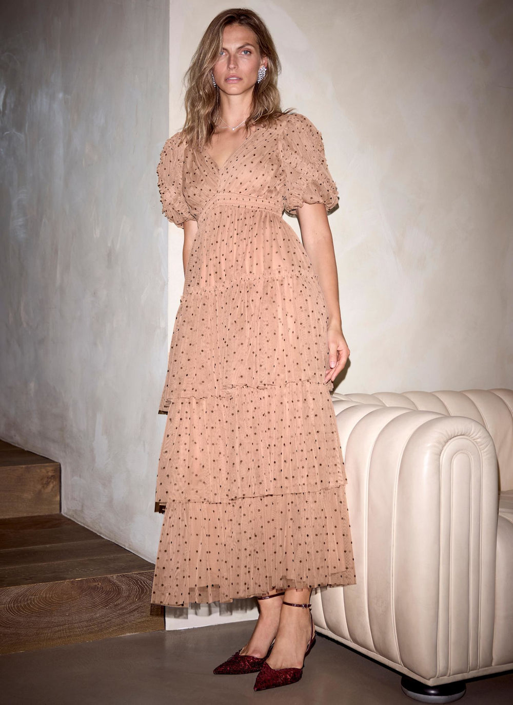 Pink Polka Dot Tulle Midi Dress